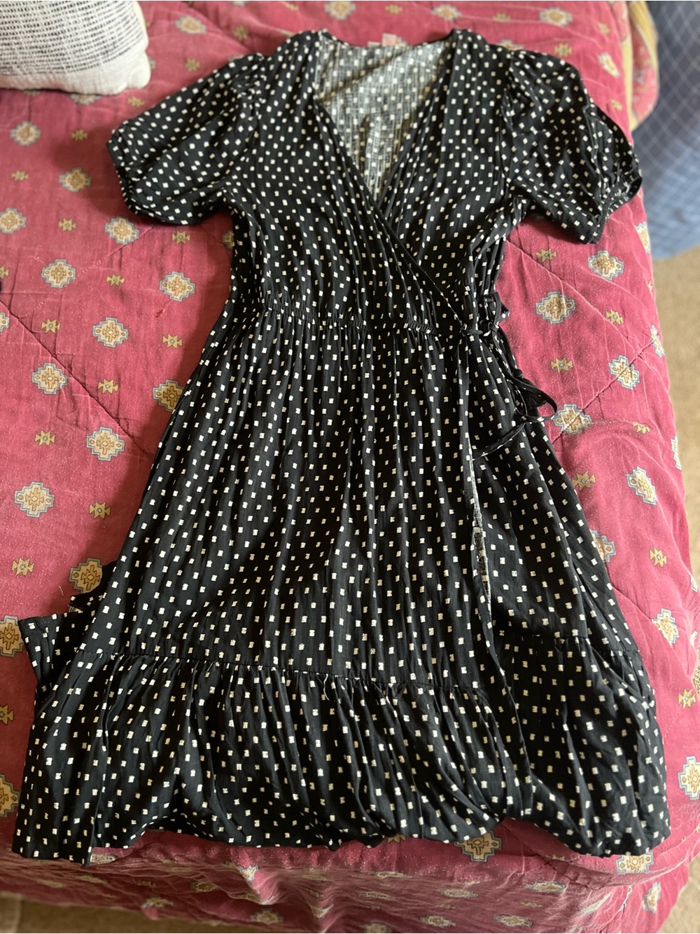 Black Polka Wrap Midi Dress
